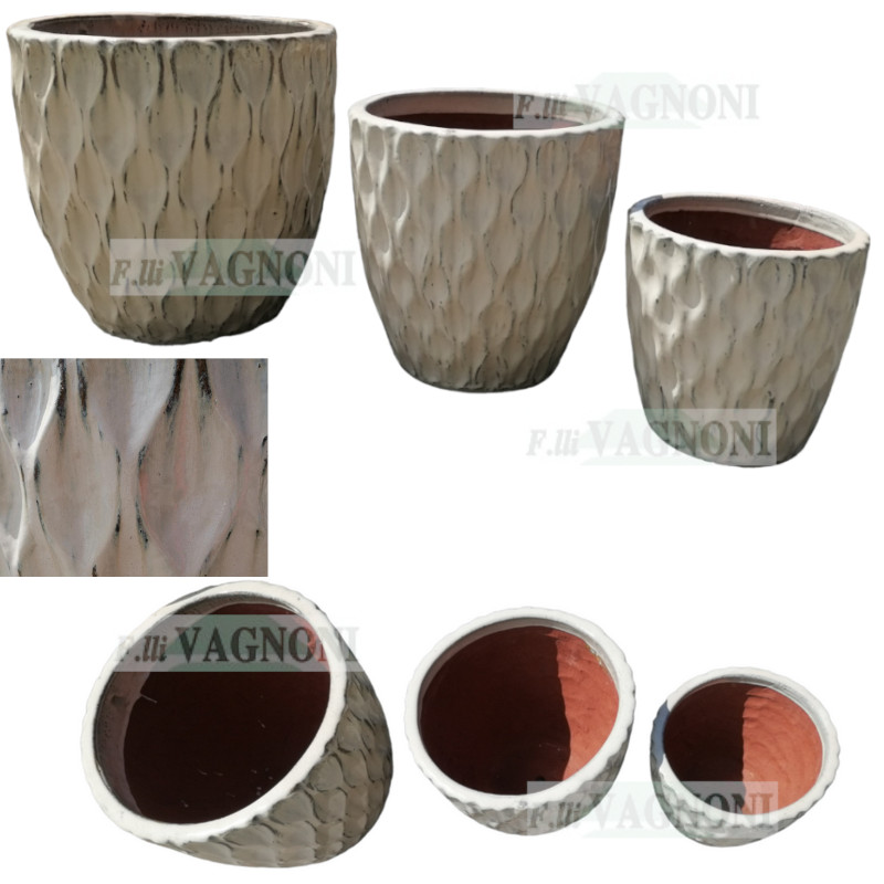 SET 3 VASI CIRCOLARI IN TERRACOTTA SMALTATA BIANCO ANTICO